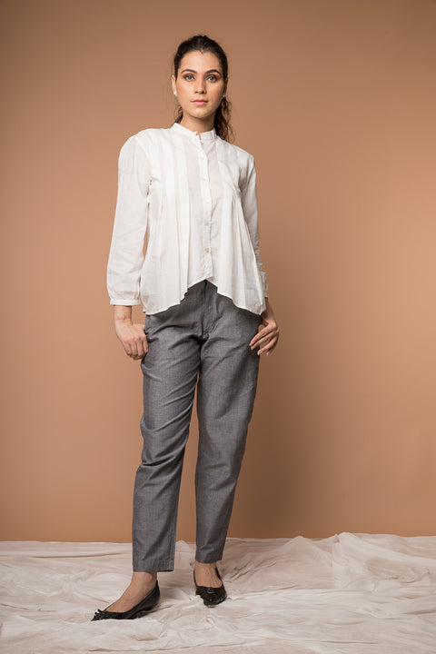 Shop Pleated Shirt with High-Low Hem & Grey Sambalpur Trousers (Set of 2) | Vinusto