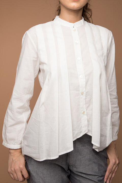 Luxury Pleated Shirt with High-Low Hem in White Cotton | Vinusto