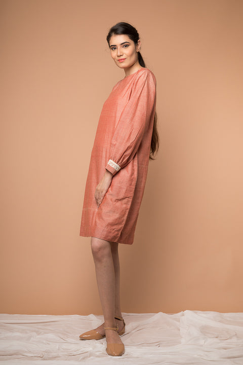 Buy Shift Dress with Lace in Coral Handwoven Cotton from Sambalpur | Vinusto