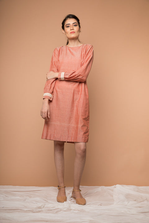 Order Shift Dress with Lace in Coral Handwoven Cotton from Sambalpur | Vinusto