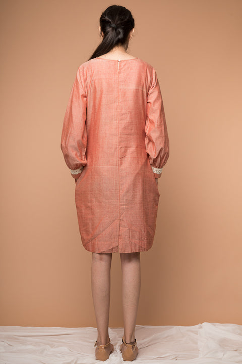 Premium Shift Dress with Lace in Coral Handwoven Cotton from Sambalpur | Vinusto