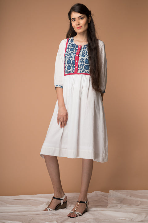 Shop Printed Yoke Dress in White Cotton | Vinusto