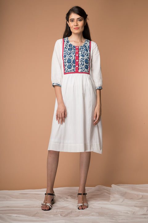 Buy Printed Yoke Dress in White Cotton | Vinusto