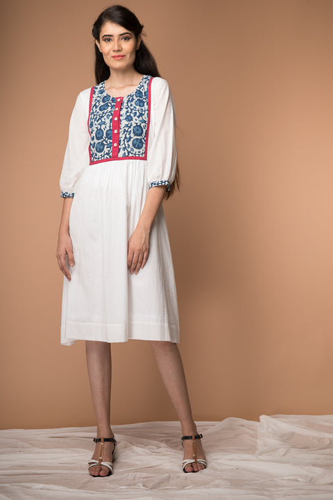 Order Printed Yoke Dress in White Cotton | Vinusto