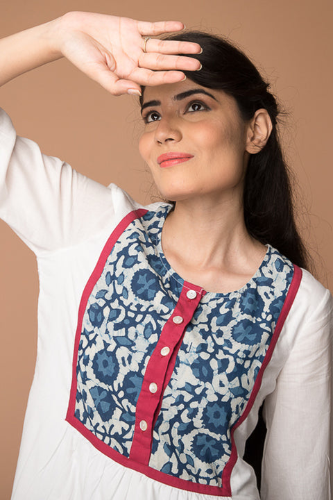 Premium Printed Yoke Dress in White Cotton | Vinusto