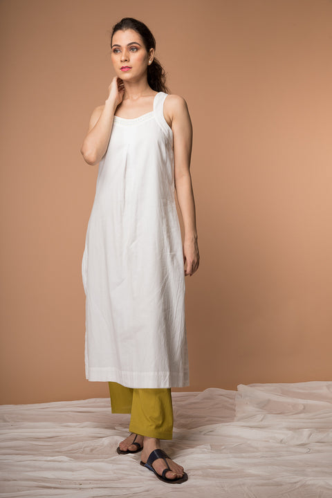 Shop Cotton Razor Back Kurta with Kantha Embroidery & Ochre Yellow Pant - Set of 2 | Vinusto