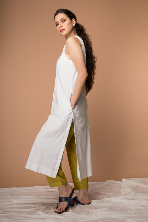 Order Cotton Razor Back Kurta with Kantha Embroidery & Ochre Yellow Pant - Set of 2 | Vinusto