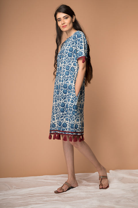 Shop Shift Dress with Tassels in Indigo Hand Block Print Cotton | Vinusto