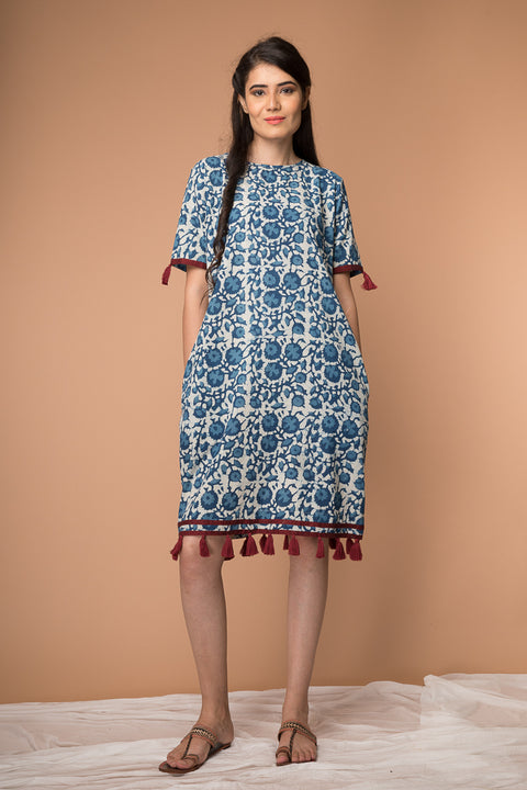 Buy Shift Dress with Tassels in Indigo Hand Block Print Cotton | Vinusto