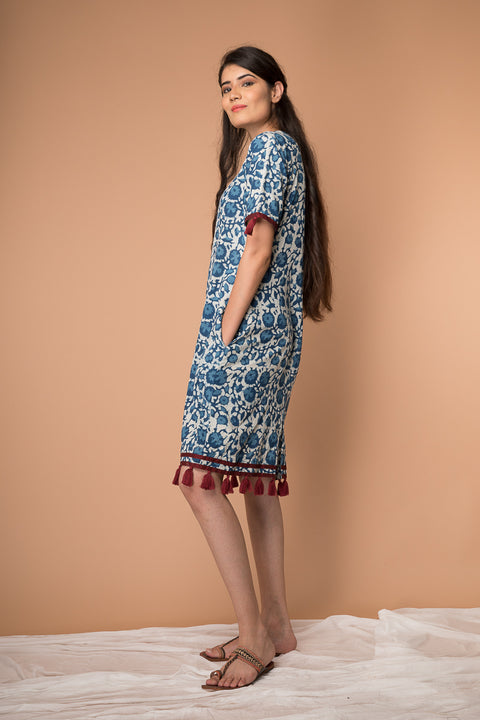 Order Shift Dress with Tassels in Indigo Hand Block Print Cotton | Vinusto