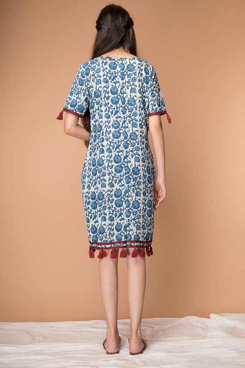 Luxury Shift Dress with Tassels in Indigo Hand Block Print Cotton | Vinusto