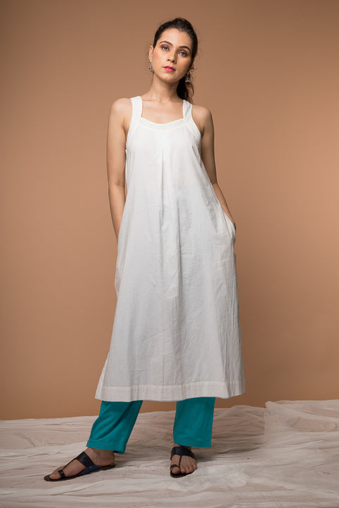 Cotton Razer back Kurta with Kantha embroidery and Pant in White & Aqua Blue (Set of 2)