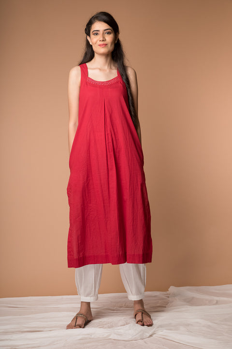 Order Cotton Razor Back Kurta with Kantha Embroidery & Cranberry Red Pant - Set of 2 | Vinusto