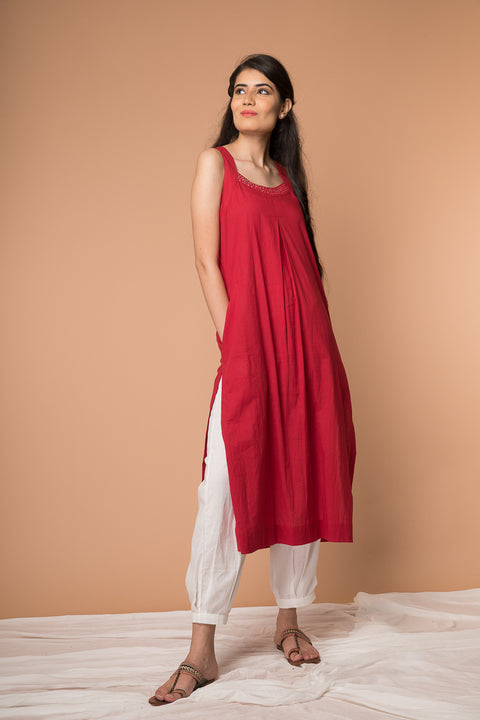 Premium Cotton Razor Back Kurta with Kantha Embroidery & Cranberry Red Pant - Set of 2 | Vinusto