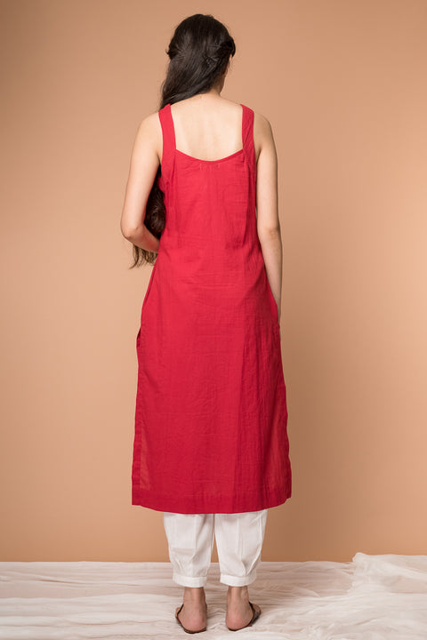 Cotton Razer back Kurta with Kantha embroidery and Pant in Cranberry Red & White (Set of 2)