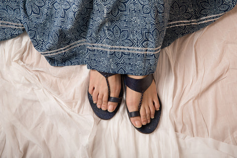 Premium White & Indigo Hand Block Printed Straight Kurta with Gathered Flare Skirt & Square Scarf - Set of 3 | Vinusto