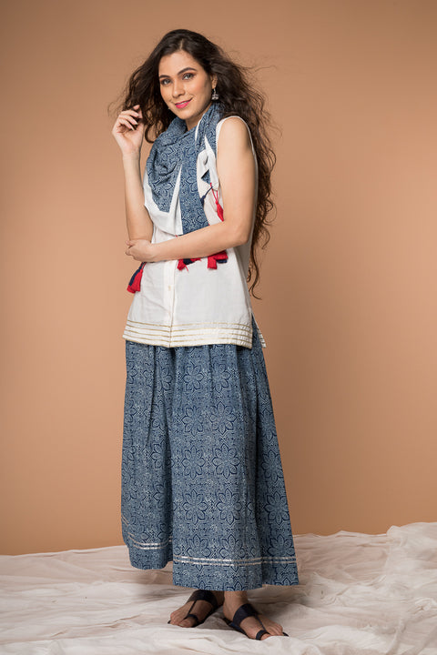 Shop White & Indigo Hand Block Printed V-Neck Long Shirt with Gathered Flare Skirt & Square Scarf - Set of 3 | Vinusto
