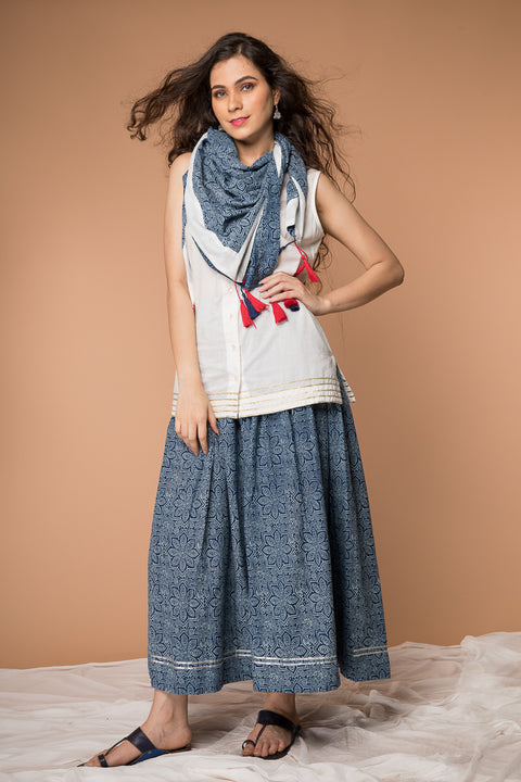 Buy White & Indigo Hand Block Printed V-Neck Long Shirt with Gathered Flare Skirt & Square Scarf - Set of 3 | Vinusto