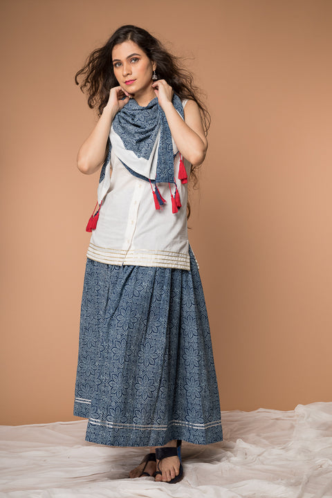 Order White & Indigo Hand Block Printed V-Neck Long Shirt with Gathered Flare Skirt & Square Scarf - Set of 3 | Vinusto