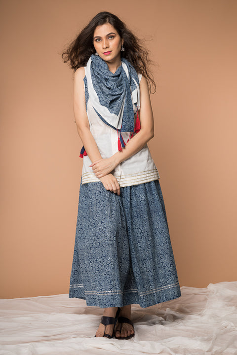 Luxury White & Indigo Hand Block Printed V-Neck Long Shirt with Gathered Flare Skirt & Square Scarf - Set of 3 | Vinusto