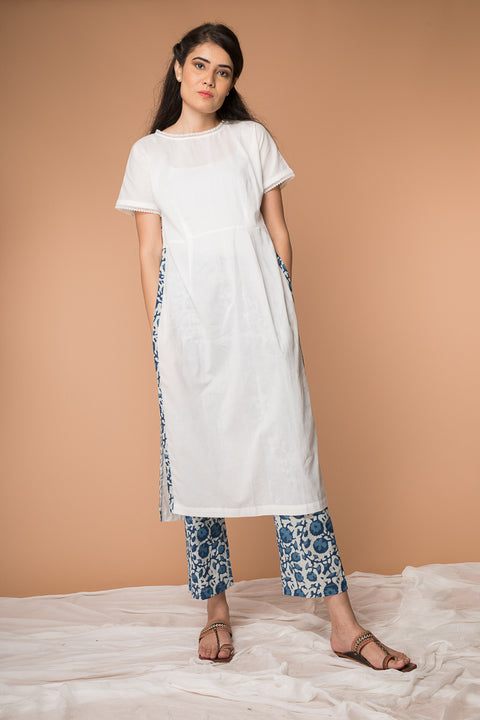 Suit set with High-slit Kurta and Hand block printed Straight Pants in Indigo & White cotton  (Set of 2)