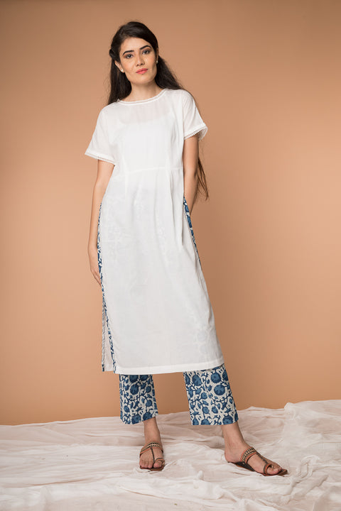 Order Suit Set with High Slit Kurta & Hand Block Printed Straight Pants – Set of 2 in Indigo & White | Vinusto

