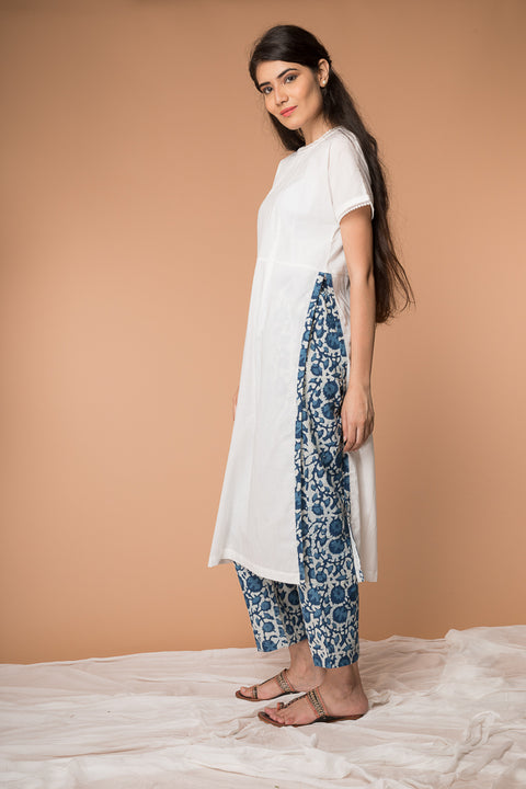 Suit set with High-slit Kurta and Hand block printed Straight Pants in Indigo & White cotton  (Set of 2)