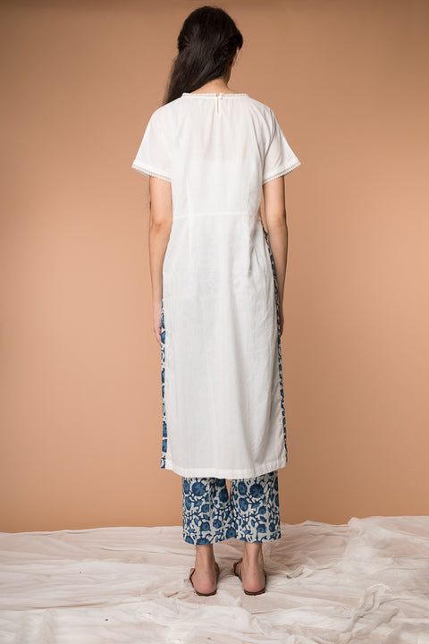 Premium Suit Set with High Slit Kurta & Hand Block Printed Straight Pants – Set of 2 in Indigo & White | Vinusto

