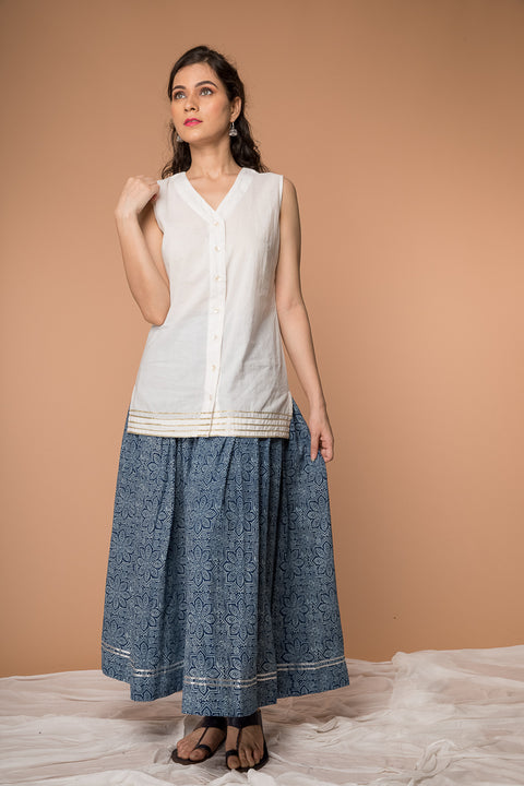 Premium White & Indigo Hand Block Printed V-Neck Long Shirt with Gathered Flare Skirt & Square Scarf - Set of 3 | Vinusto