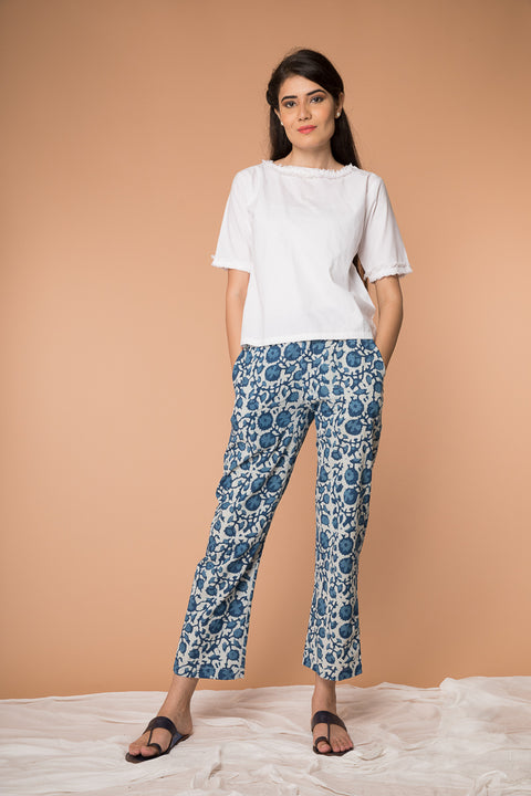 Shop Straight-Fit Pants in Indigo Blue Hand Block Printed Cotton | Vinusto