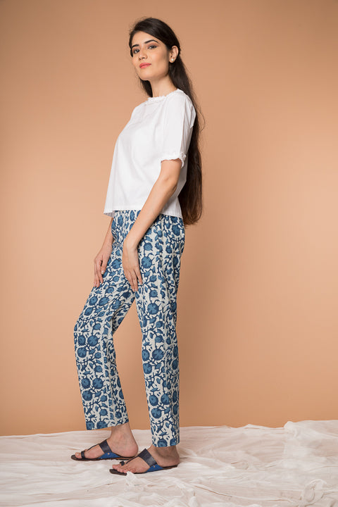 Luxury Straight-Fit Pants in Indigo Blue Hand Block Printed Cotton | Vinusto