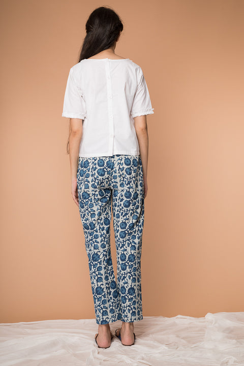 Premium Straight-Fit Pants in Indigo Blue Hand Block Printed Cotton | Vinusto