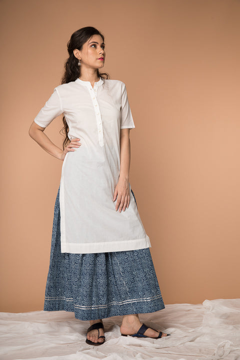Straight Kurta with gathered flare Skirt in White & Indigo hand block printed cotton (Set of 2)