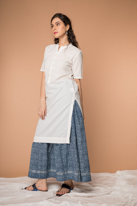 Buy White & Indigo Hand Block Printed Straight Kurta with Gathered Flare Skirt - Set of 2 | Vinusto