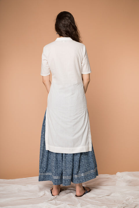 Order White & Indigo Hand Block Printed Straight Kurta with Gathered Flare Skirt - Set of 2 | Vinusto