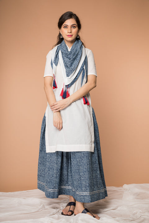 Shop White & Indigo Hand Block Printed Straight Kurta with Gathered Flare Skirt & Square Scarf - Set of 3 | Vinusto