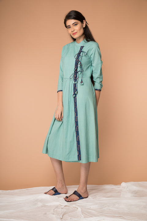 Shop Wrap Dress with Pin Tucks in Sea Foam Green Cotton | Vinusto