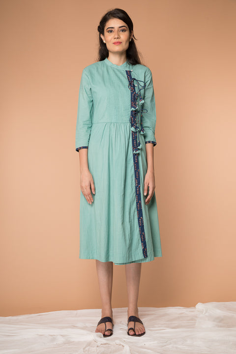 Buy Wrap Dress with Pin Tucks in Sea Foam Green Cotton | Vinusto