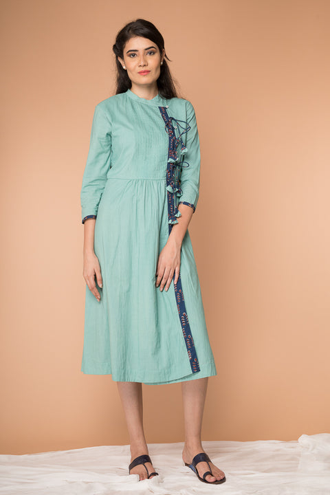 Order Wrap Dress with Pin Tucks in Sea Foam Green Cotton | Vinusto
