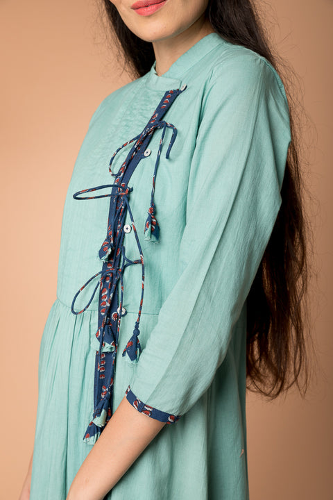 Premium Wrap Dress with Pin Tucks in Sea Foam Green Cotton | Vinusto