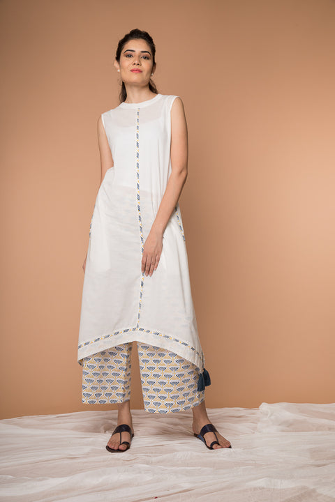 Buy White Asymmetric Hem Cotton Kurta & Blue Yellow Poppy Block Print Palazzo | Vinusto