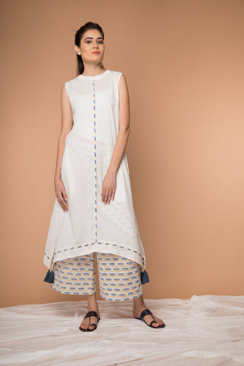 Order White Asymmetric Hem Cotton Kurta & Blue Yellow Poppy Block Print Palazzo | Vinusto