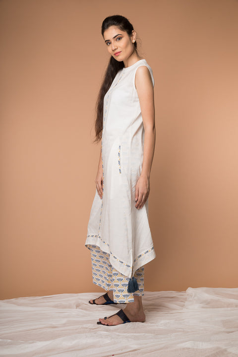 Luxury White Asymmetric Hem Cotton Kurta & Blue Yellow Poppy Block Print Palazzo | Vinusto