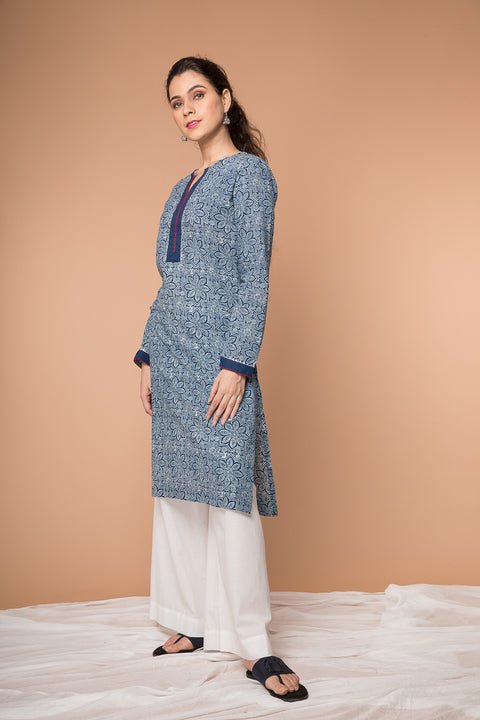 Buy Indigo Hand Block Printed Straight Fit Kurta & White Palazzo - Set of 2 | Vinusto