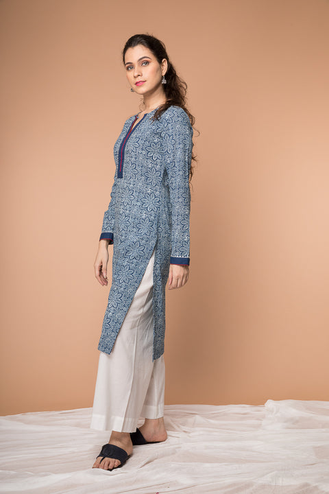 Order Indigo Hand Block Printed Straight Fit Kurta & White Palazzo - Set of 2 | Vinusto