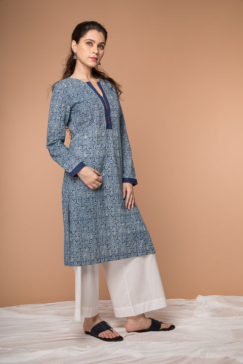 Luxury Indigo Hand Block Printed Straight Fit Kurta & White Palazzo - Set of 2 | Vinusto