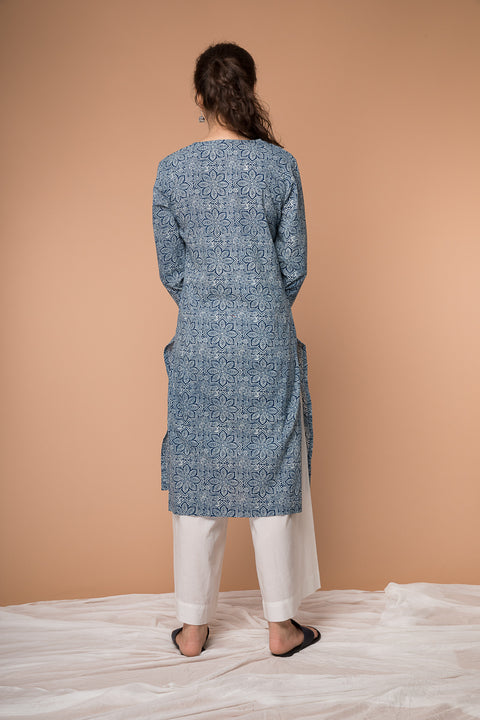 Handcraft Indigo Hand Block Printed Straight Fit Kurta & White Palazzo - Set of 2 | Vinusto