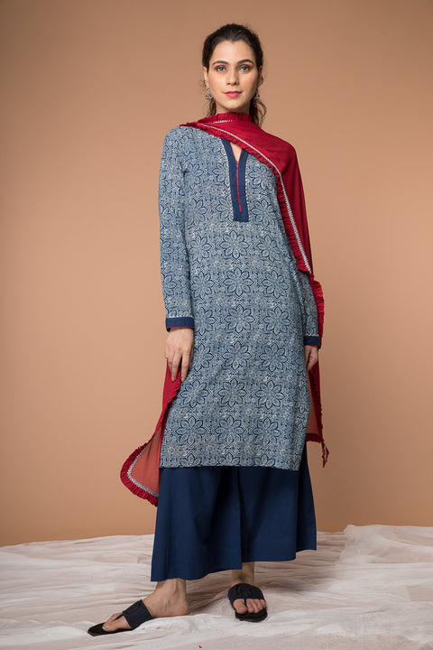 Straight- fit Kurta in Indigo Hand block printed cotton and Navy Palazzo with georgette ruffles dupatta in Red (Set of 3)