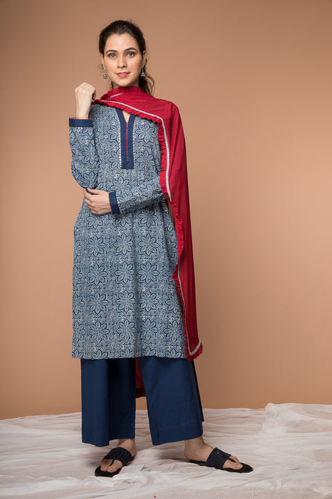 Buy Straight Fit Indigo Hand-Block Printed Kurta & Navy Palazzo Set – Set of 3

