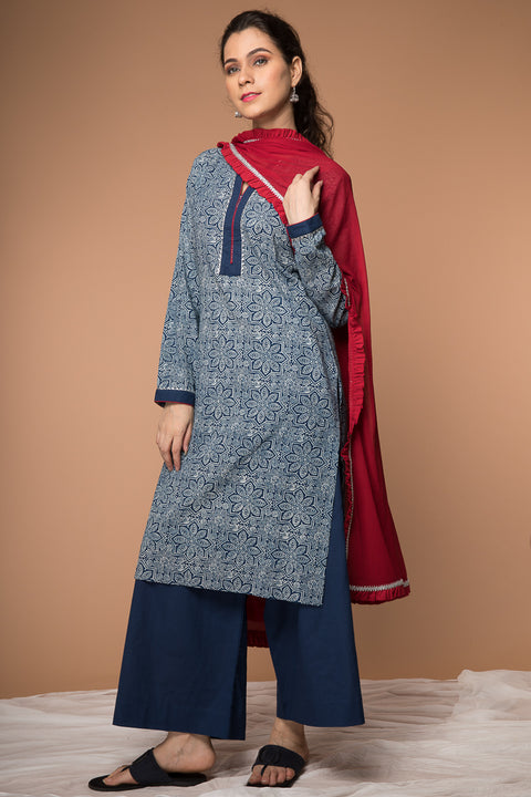 Order Straight Fit Indigo Hand-Block Printed Kurta & Navy Palazzo Set – Set of 3

